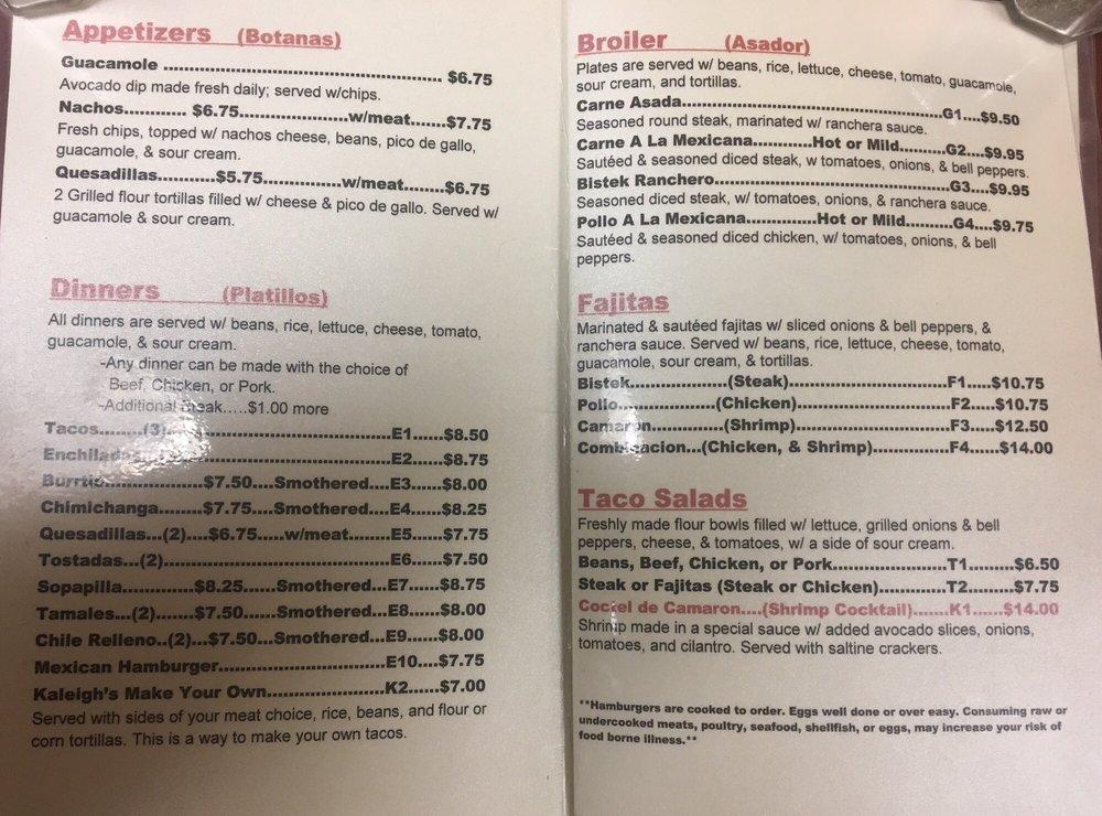 Menu at Fajitas Mexican Restaurant, Wiggins