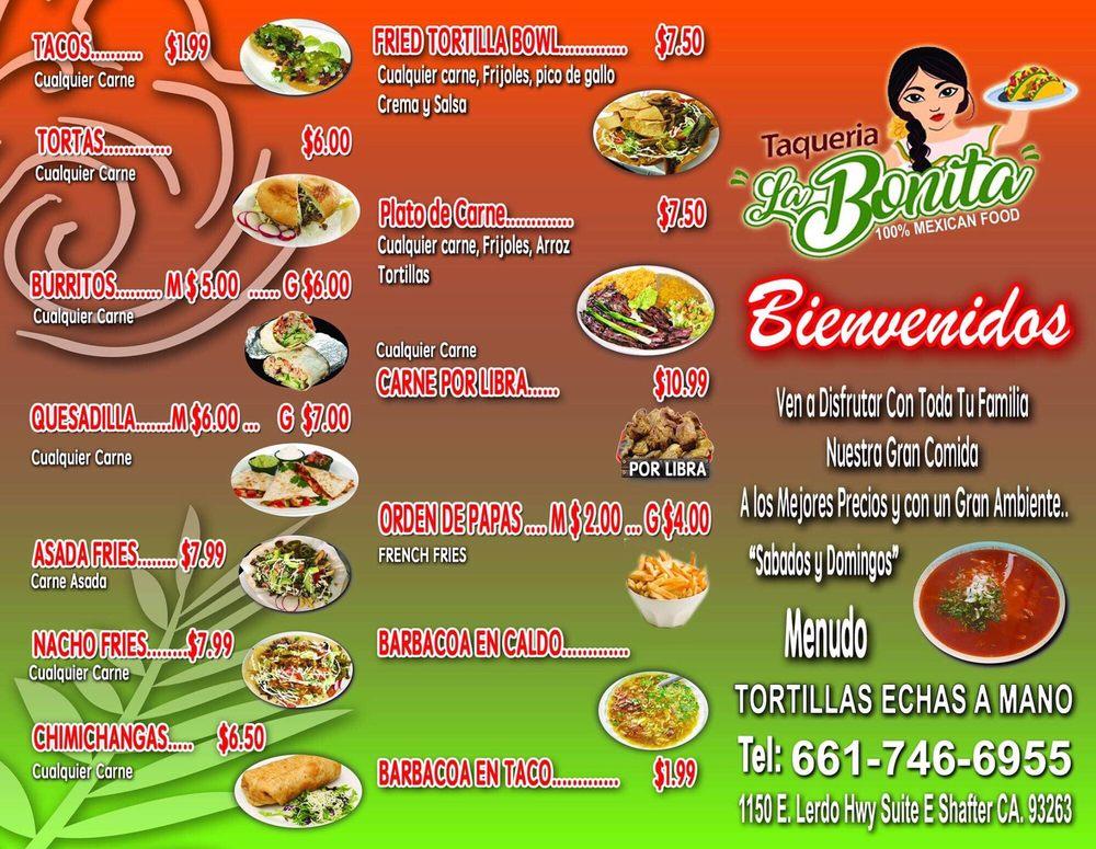 Menu at Taqueria La Bonita restaurant, Shafter