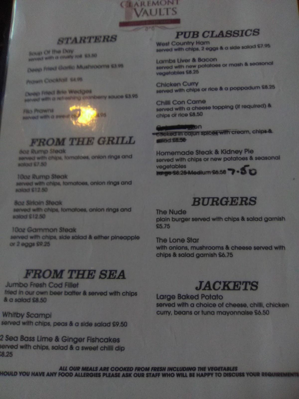 Menu at Claremont Vaults pub & bar, WestonsuperMare