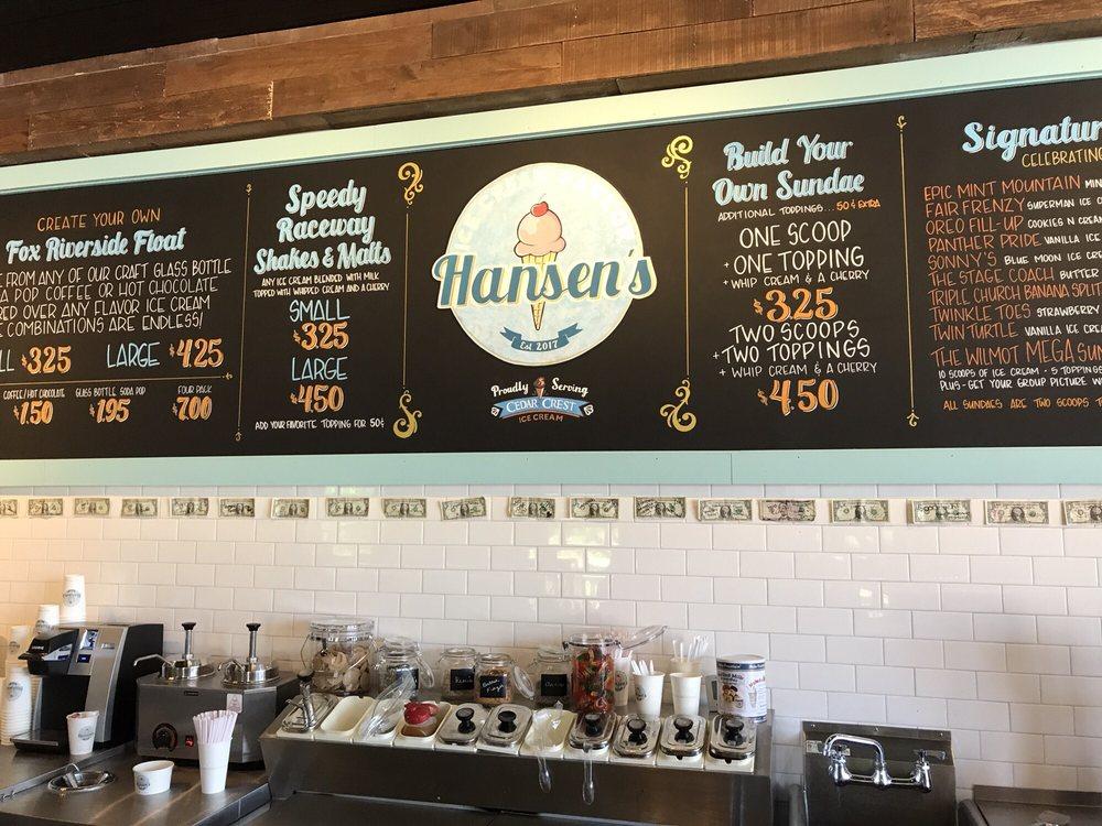 Menu at Hansen’s Ice Cream Parlor, Wilmot
