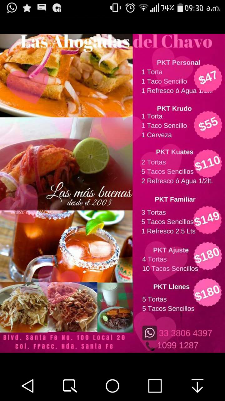 Menu at Tortas Ahogadas El Chavo restaurant, Hacienda Santa Fe