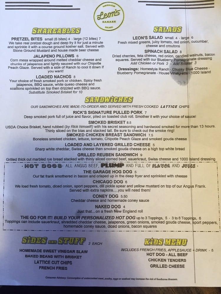 Menu at Leon's Garage pub & bar, Marysville