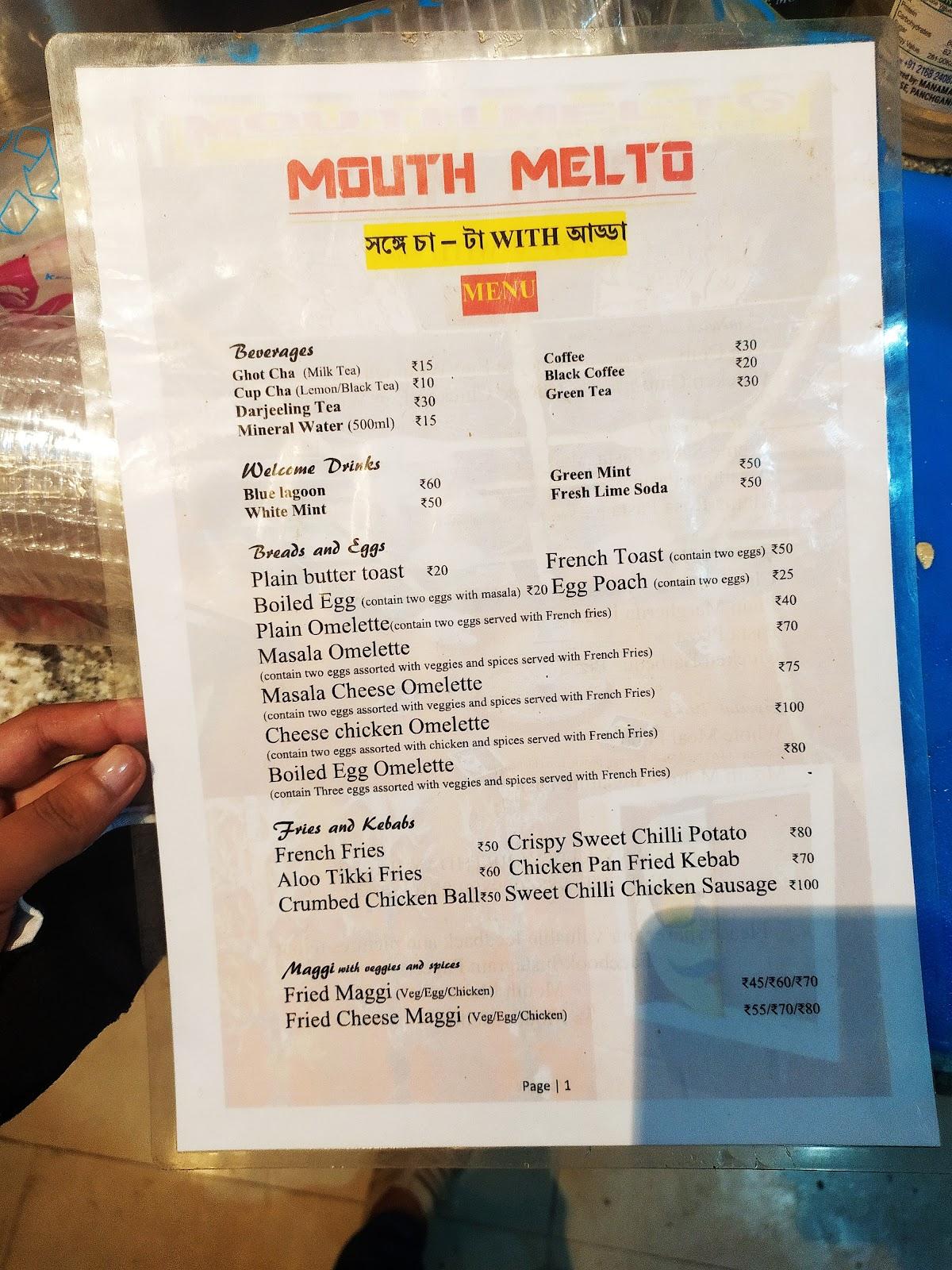 Menu at Mouth Melto, Kolkata