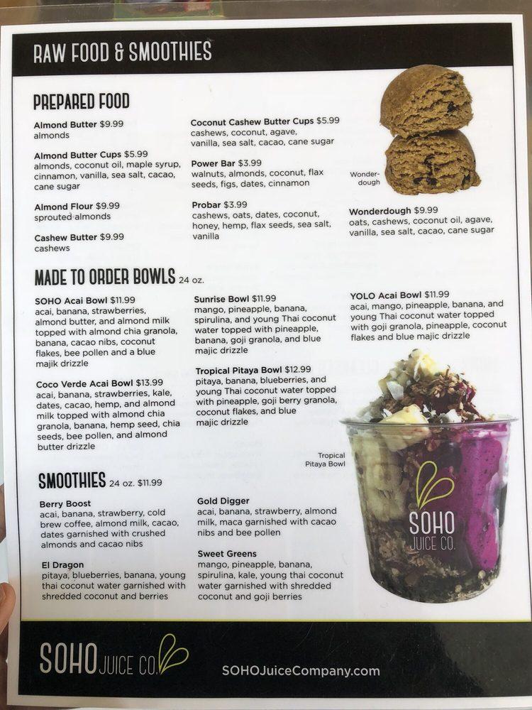 Menu at SOHO Juice Co. pub & bar, Winter Park