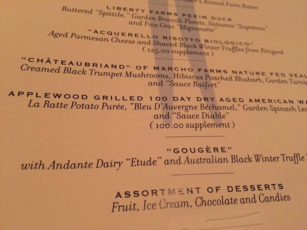 Menu at The French Laundry restaurant, Yountville