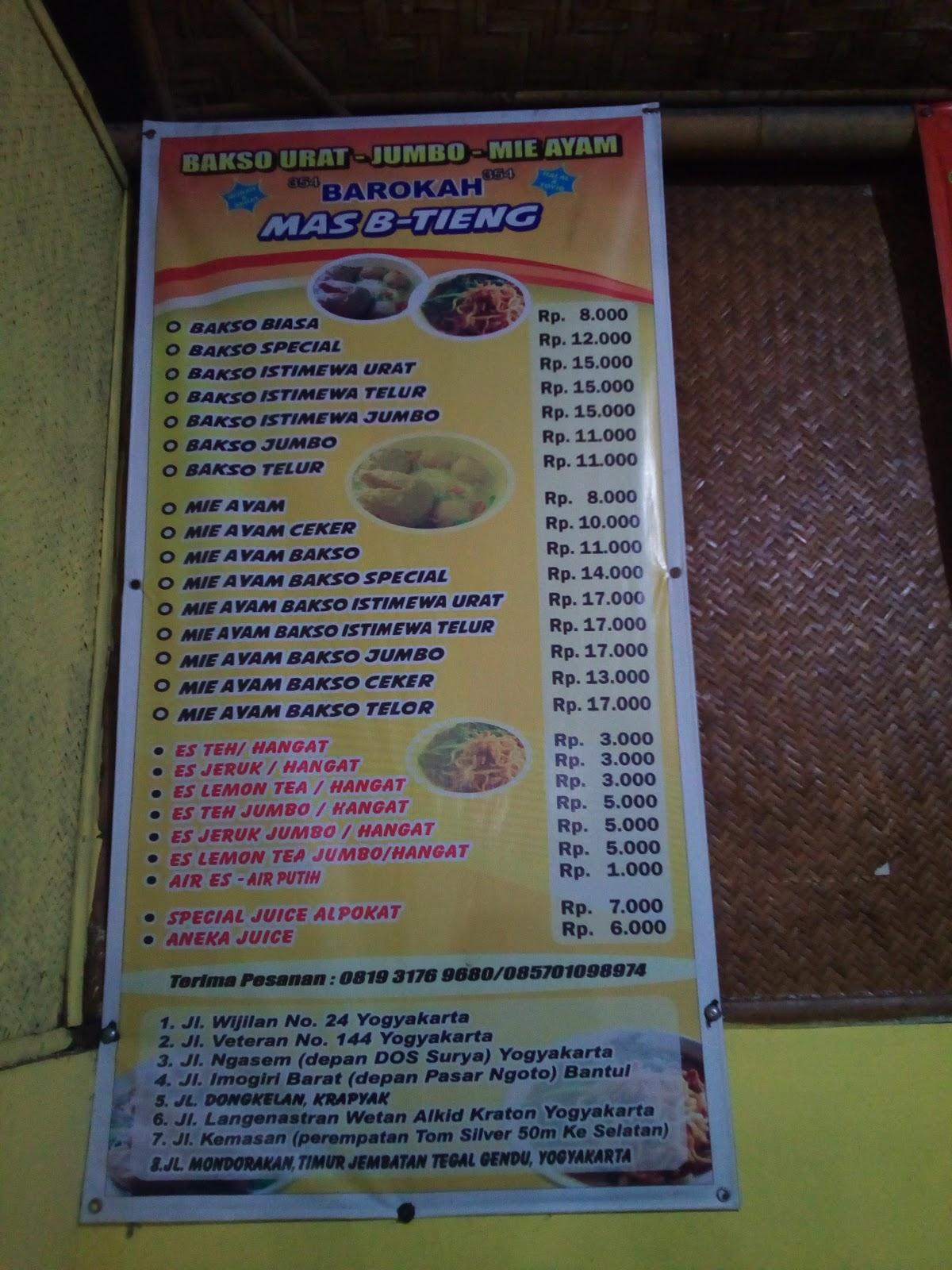 Menu At Bakso & Mie Ayam Barokah Mas B-tieng, Yogyakarta, Jl. Veteran ...