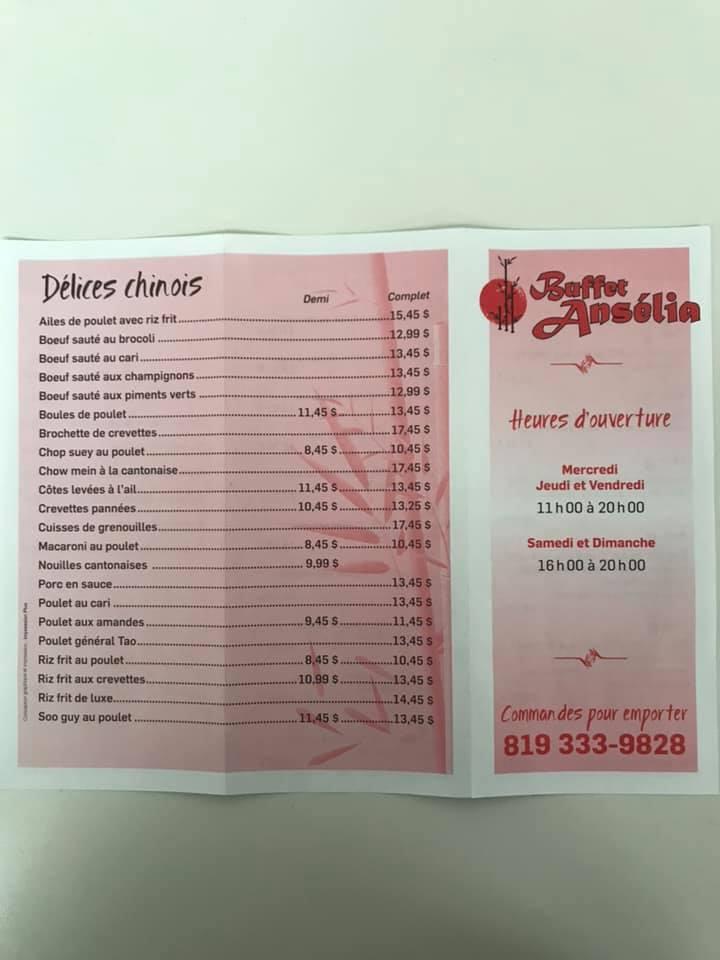 Menu at Buffet Ansélia restaurant, La Sarre