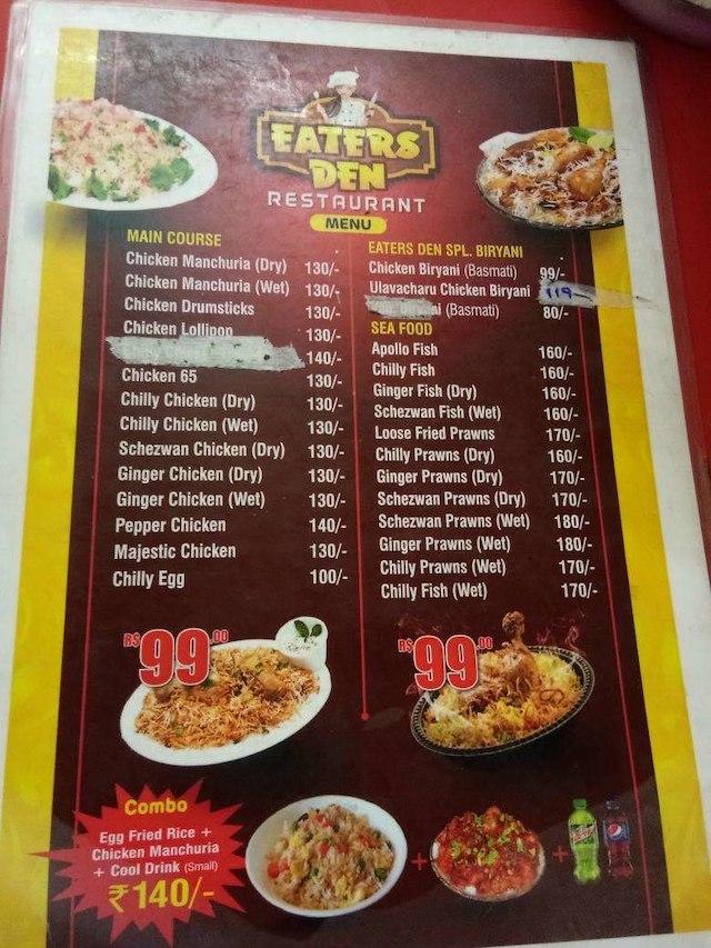 Menu at Eaters Den, Hyderabad