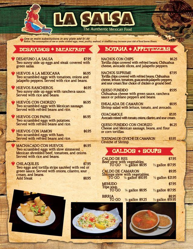 Menu at Taqueria la Salsa restaurant, Milwaukee