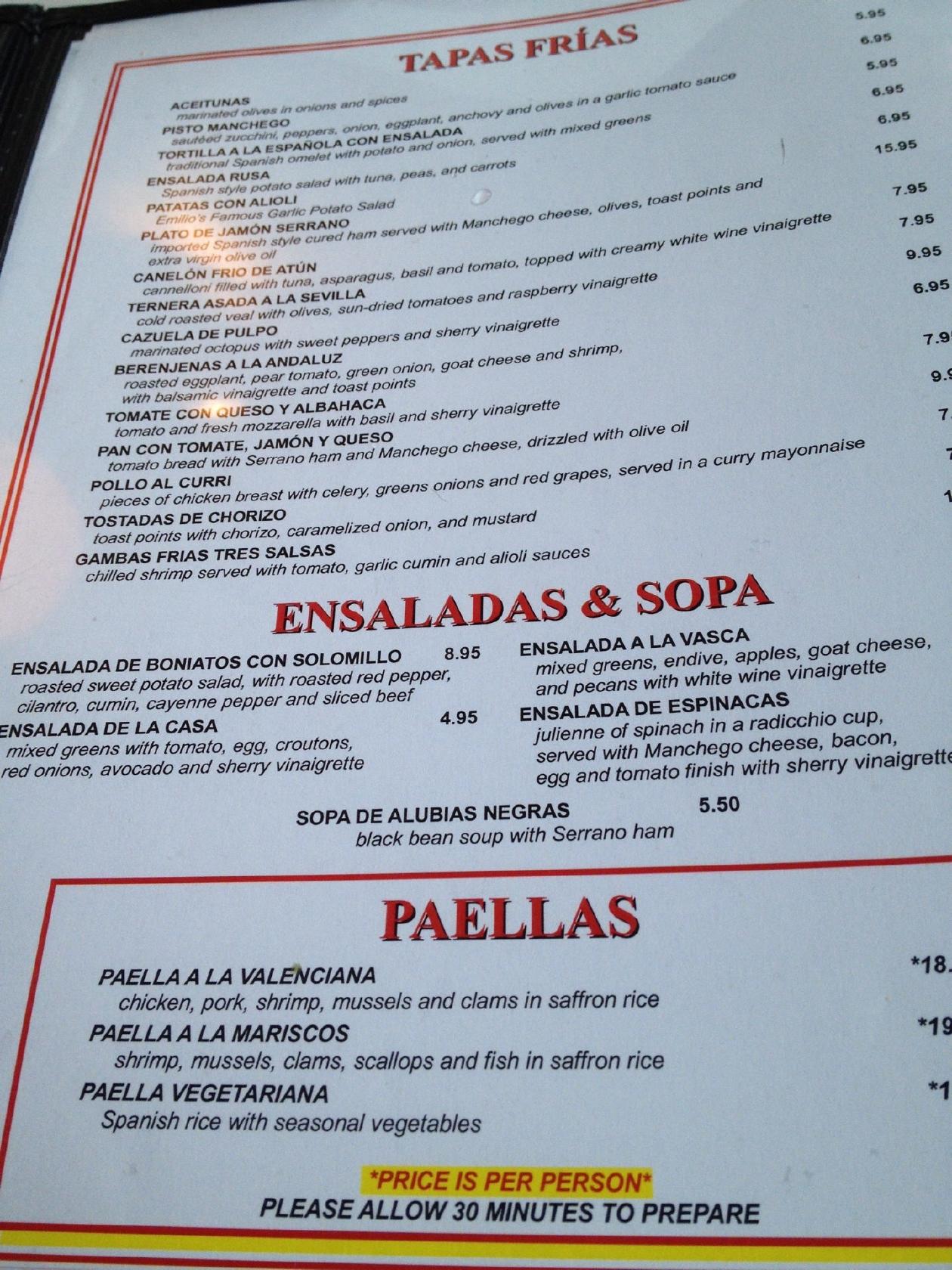 Menu at Emilio's Tapas Bar Restaurant, Hillside, Roosevelt Rd