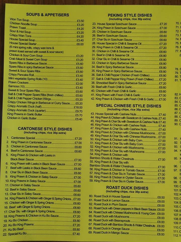 Menu at Rising Sun fast food, Boldon Colliery