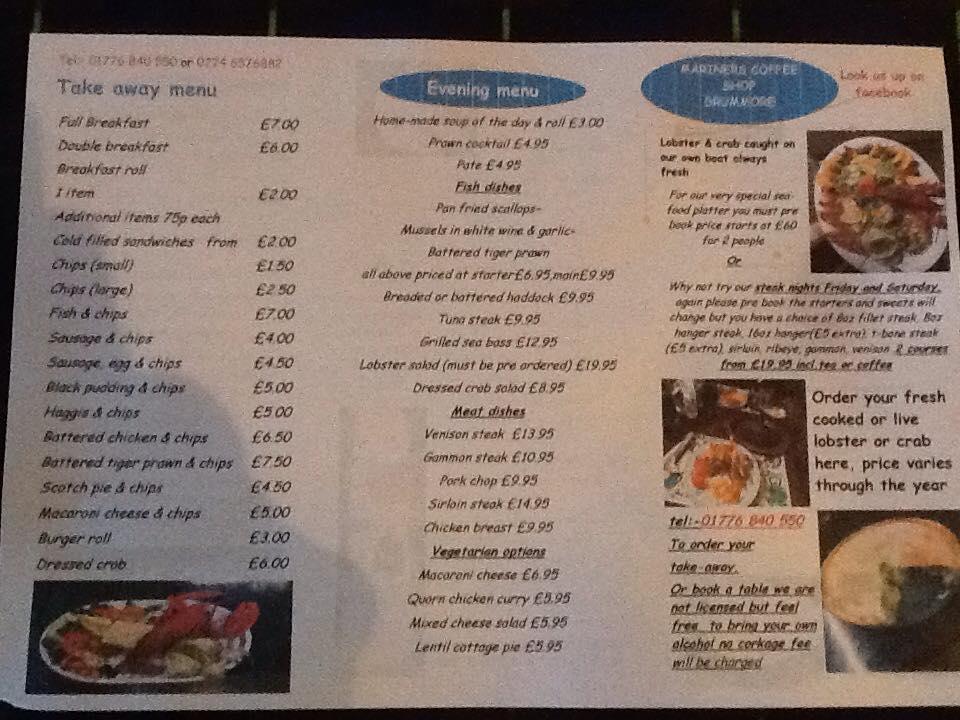 Menu at Mariners Coffee Shop cafe, Drummore