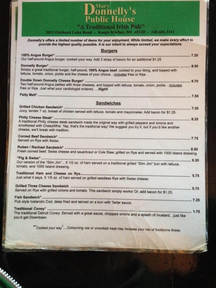 Menu at Mary Donnelly's Public House, Keego Harbor