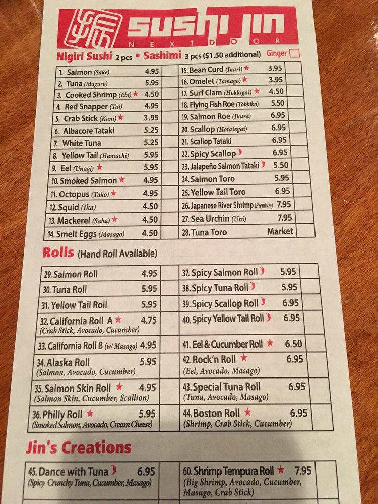 Menu at Sushi Jin Next Door restaurant, Silver Spring
