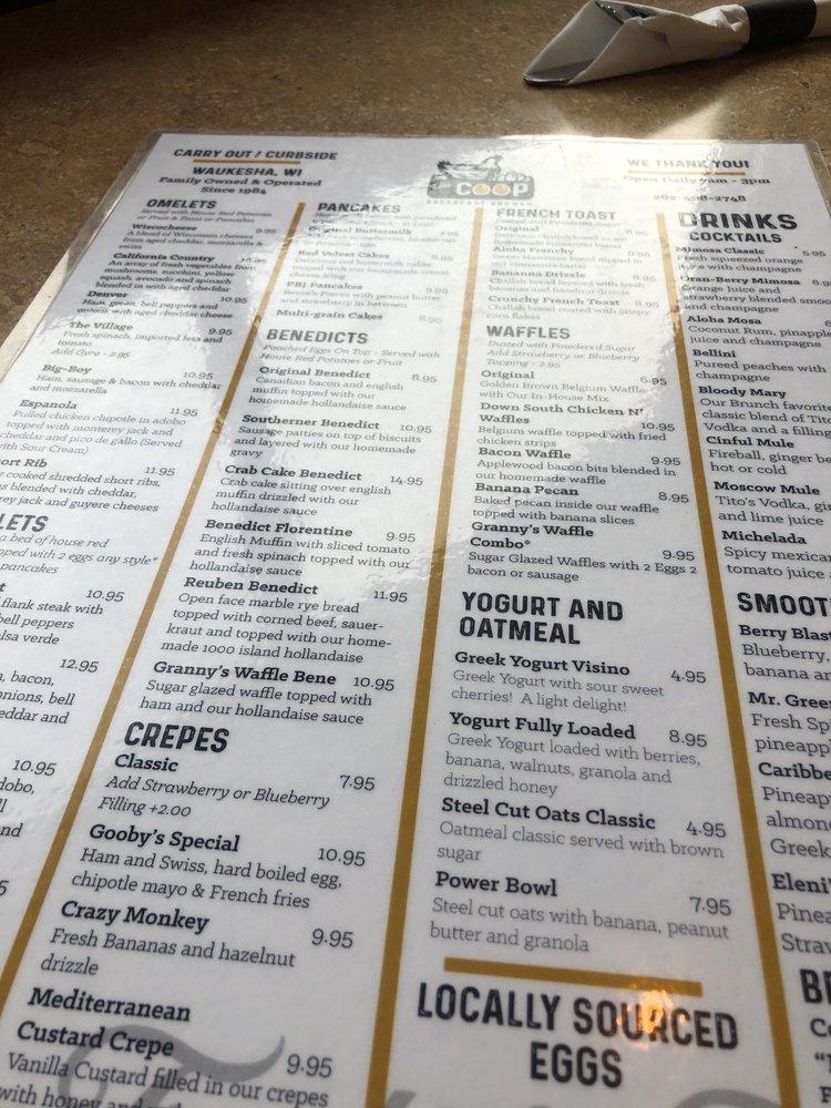 Menu at The Coop restaurant, Waukesha
