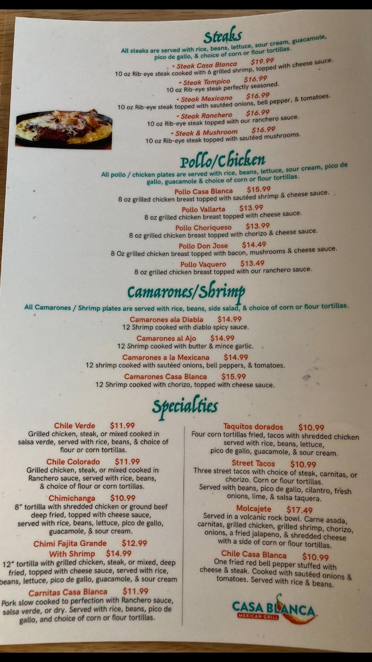 Menu at Casa Blanca Mexican Grill restaurant, Jonesboro