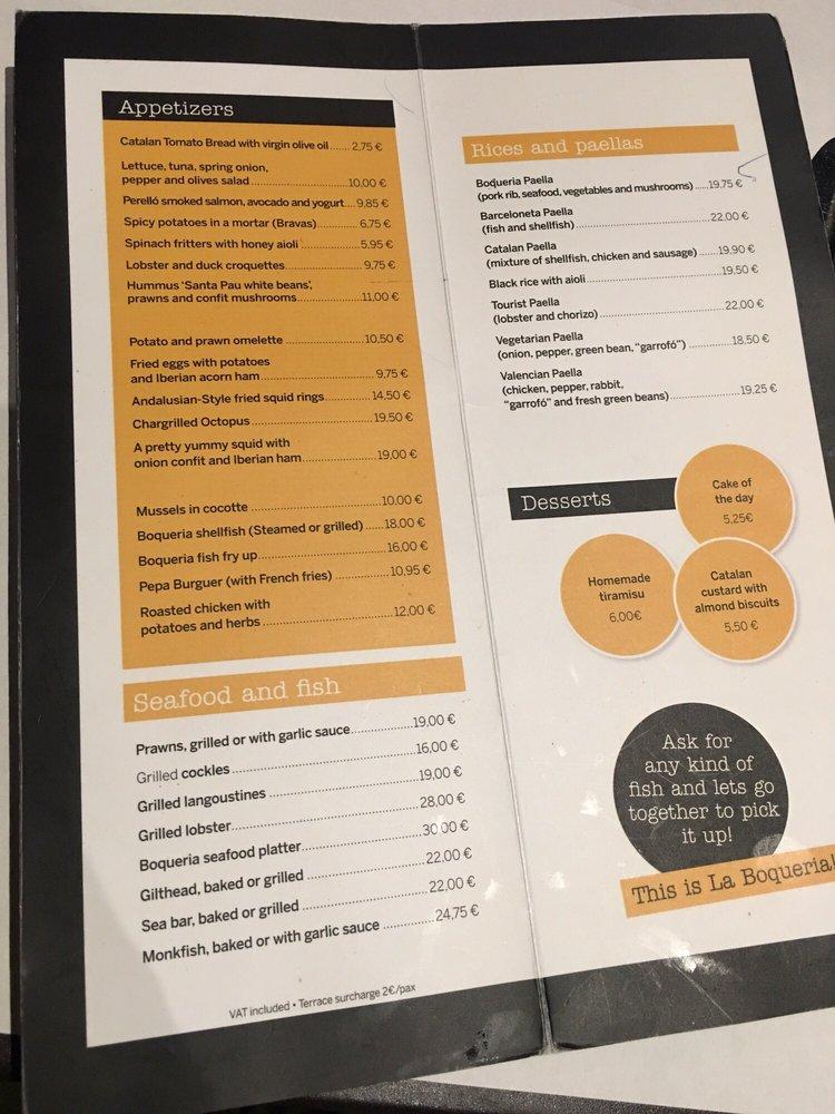 Menu at Paella Bar Boqueria, Barcelona, Mercat de la Boqueria Pòrtics