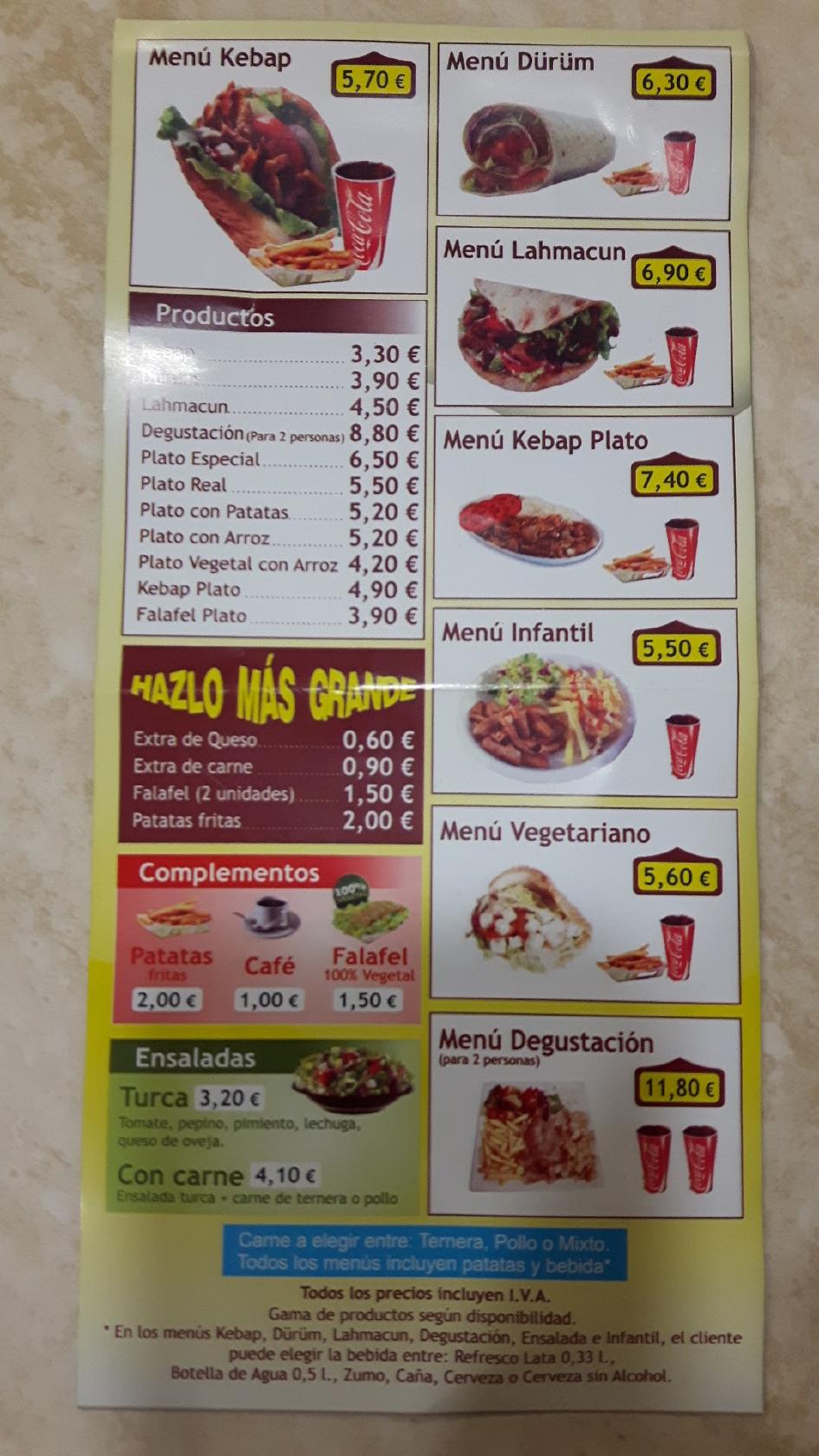 Carta del restaurante Real Donar Kebap, La Bañeza