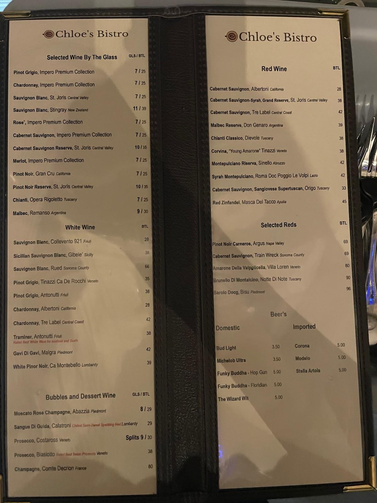 Menu at Chloe's Bistro restaurant, Boca Raton