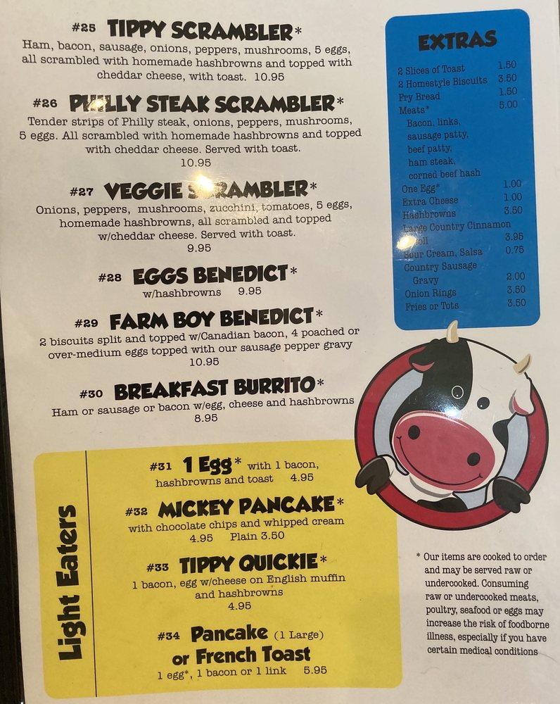 Menu at Tippy cow cafe, Billings