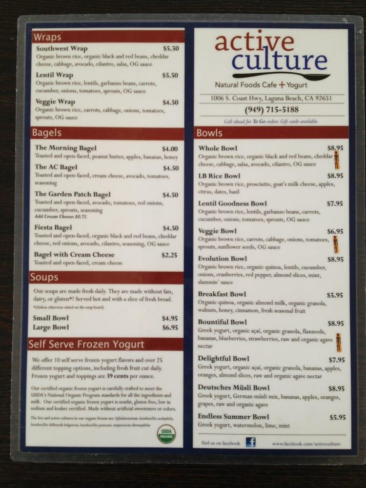 Menu at Active Culture pub & bar, Laguna Beach
