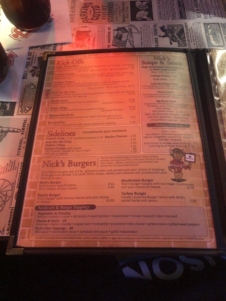 Menu at Nick's English Hut pub & bar, Bloomington