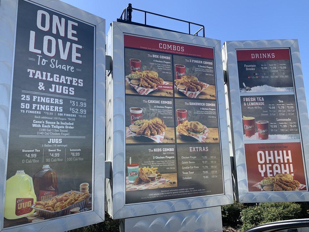 Carta de comida rápida Raising Cane's Chicken Fingers, Friendswood, Bay