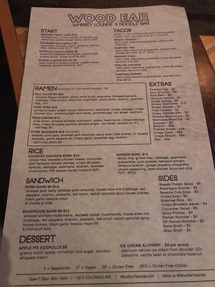 Carta del pub y bar Wood Ear, Telluride