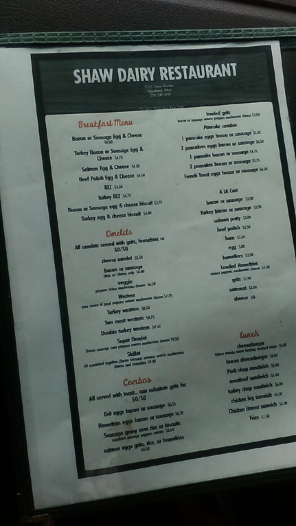 Menu at Shaw Dairy Restaurant, Cleveland