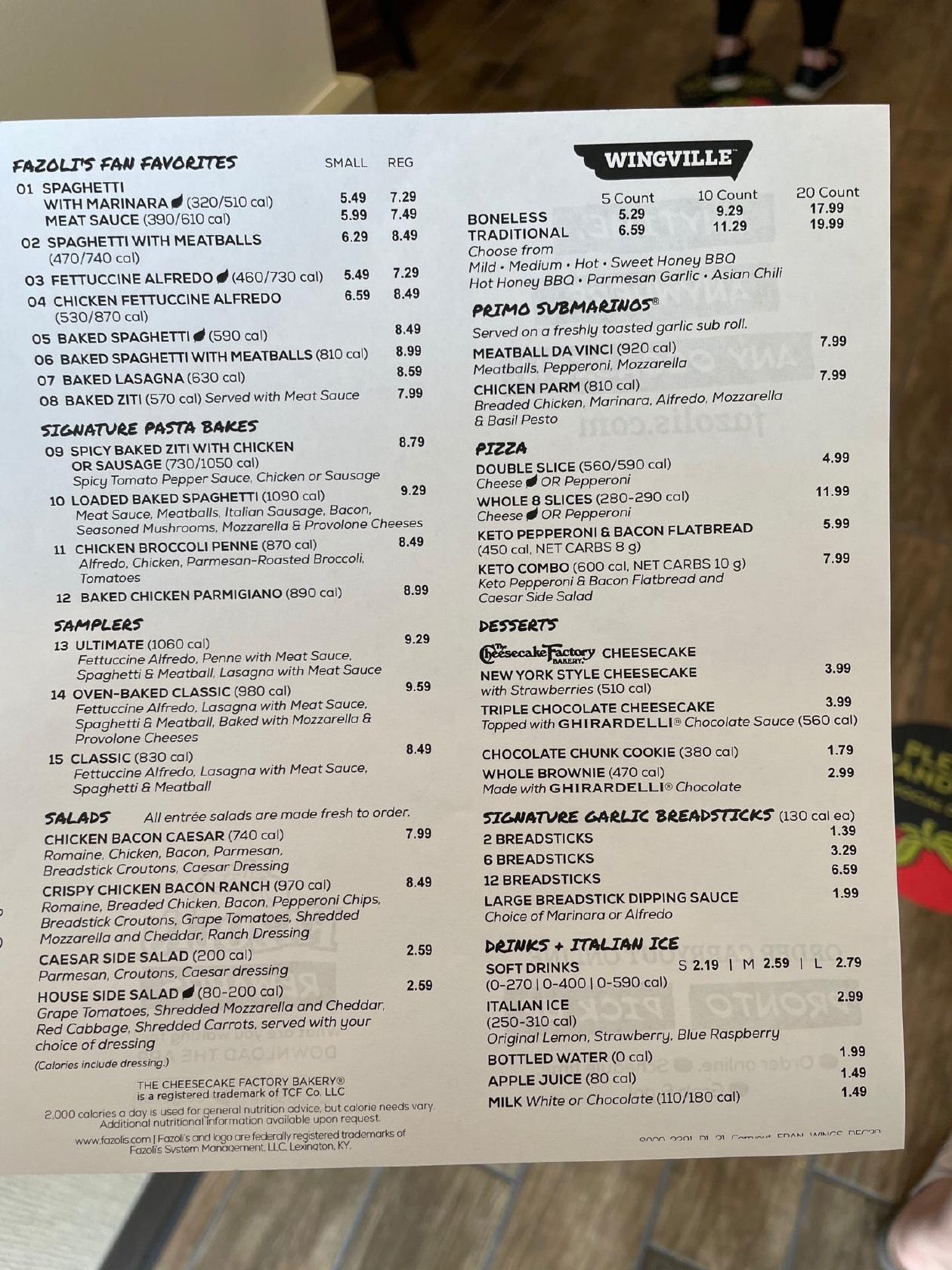 Menu at Fazoli's pizzeria, Clermont, US-27