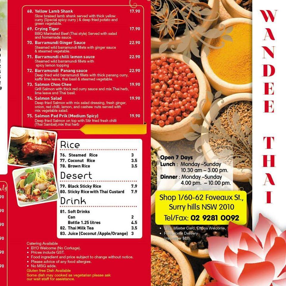 Menu at Wandee Thai Restaurant, Surry Hills