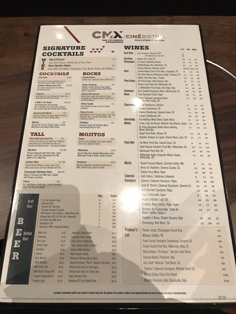 Menu at CMX CinéBistro Peachtree Corners restaurant, Peachtree Corners
