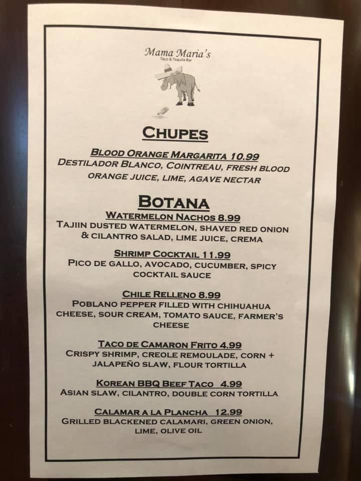 Menu at Mama Maria’s Taco and Tequila Bar, Orland Park