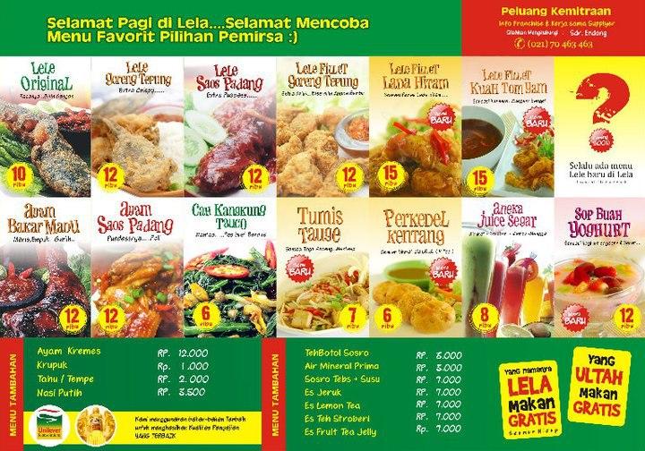 Menu at pecel Lele Lela restaurant, Denpasar, Jalan Teuku Umar