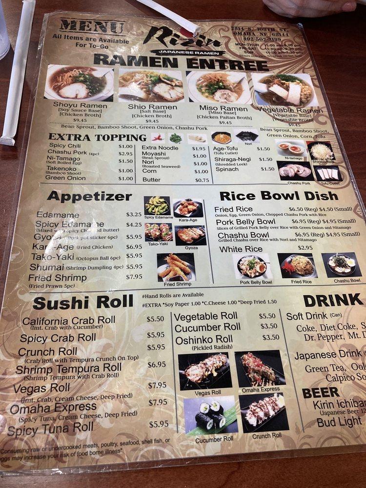 Menu at Rizin Japanese Ramen (来迅 ライジン) restaurant, Omaha