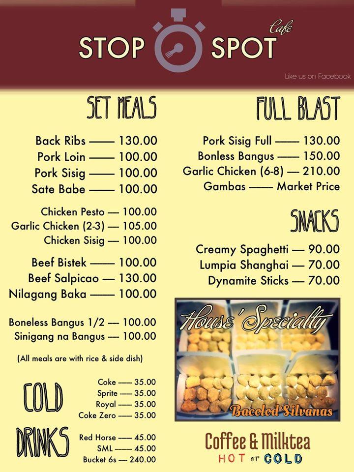 Menu at Stop Spot Cafe, Bacolod, 13th Lacson Street