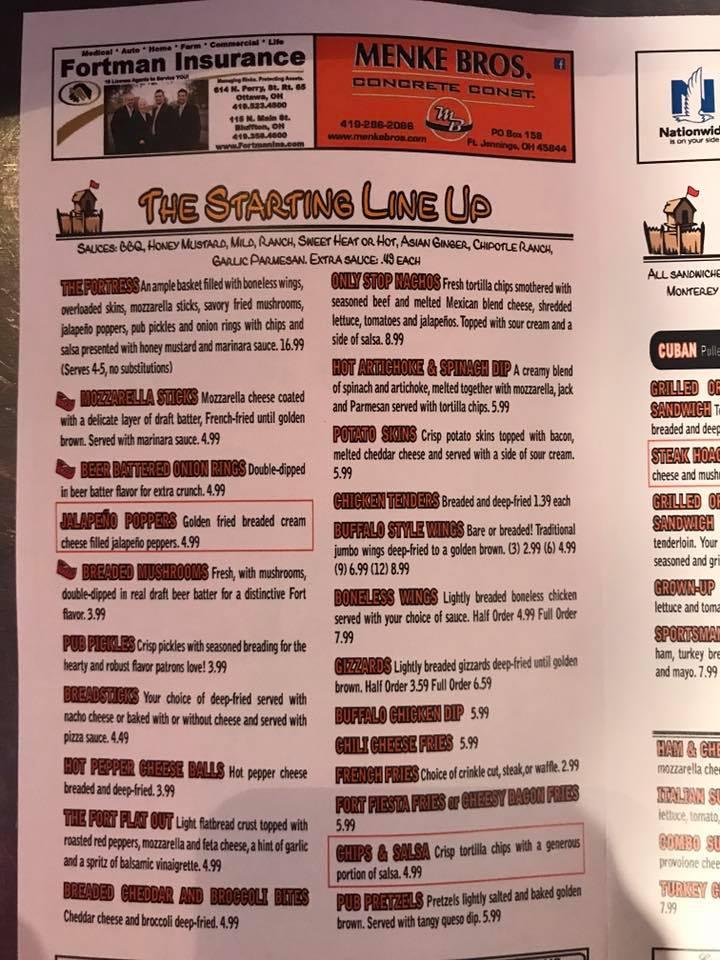 Menu at The Fort restaurant, Fort Jennings