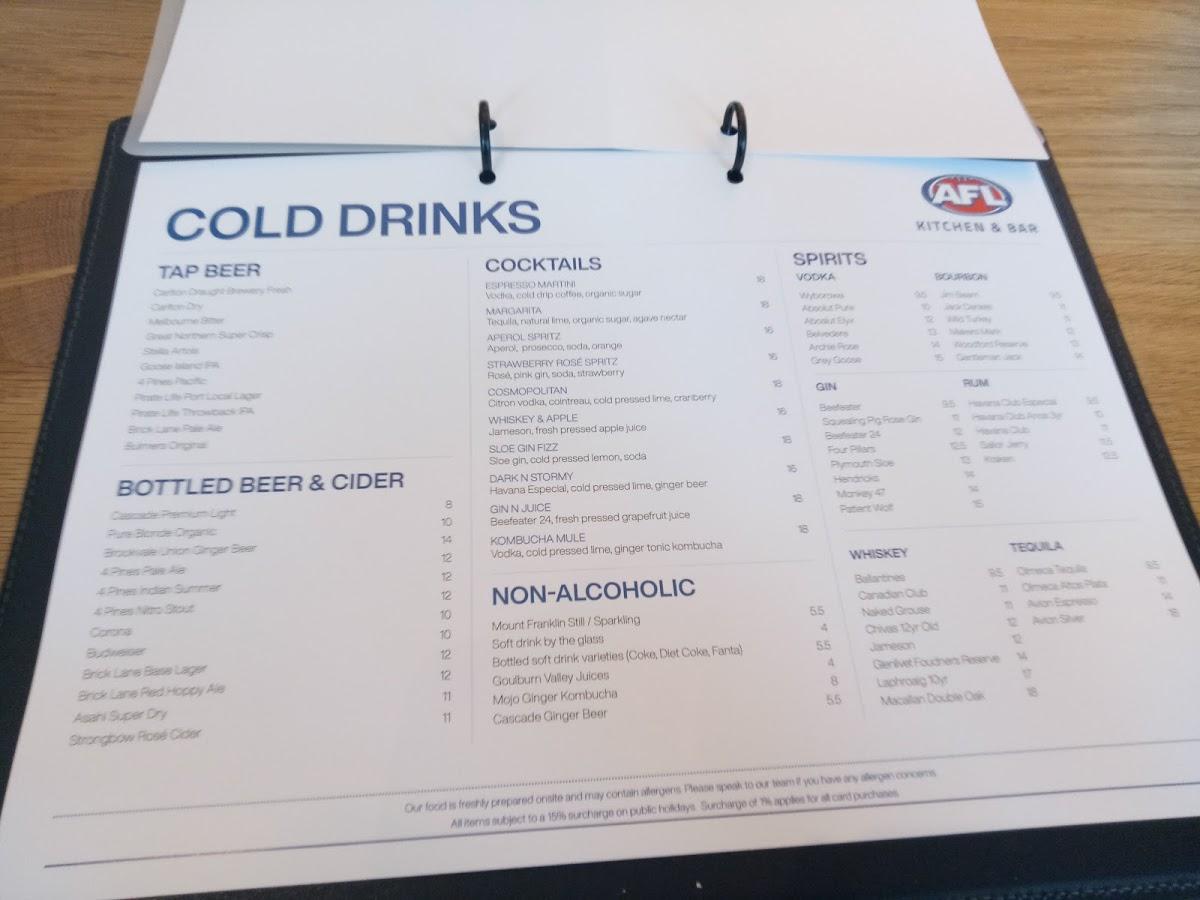 afl kitchen and bar menu