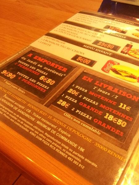Menu de Kingdom Pizza