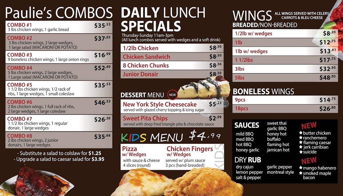 Menu at Paulie's Wings & Pizza restaurant, Hamilton
