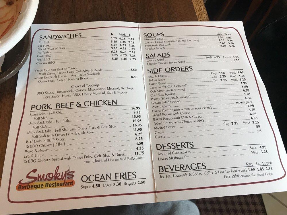 Menu At Smoky's BBQ, Eldersburg