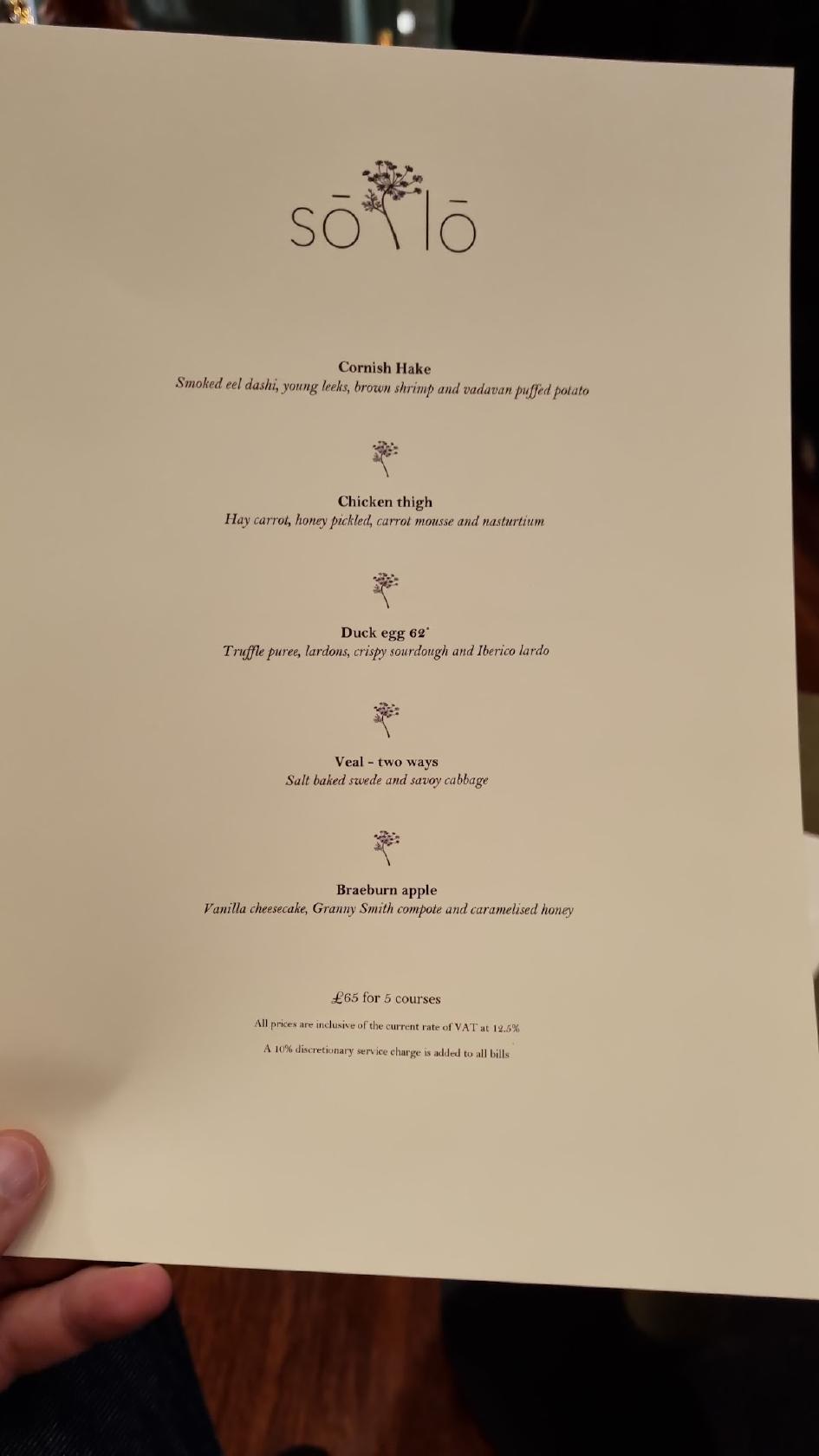 Menu at Sōlō Restaurant, Aughton