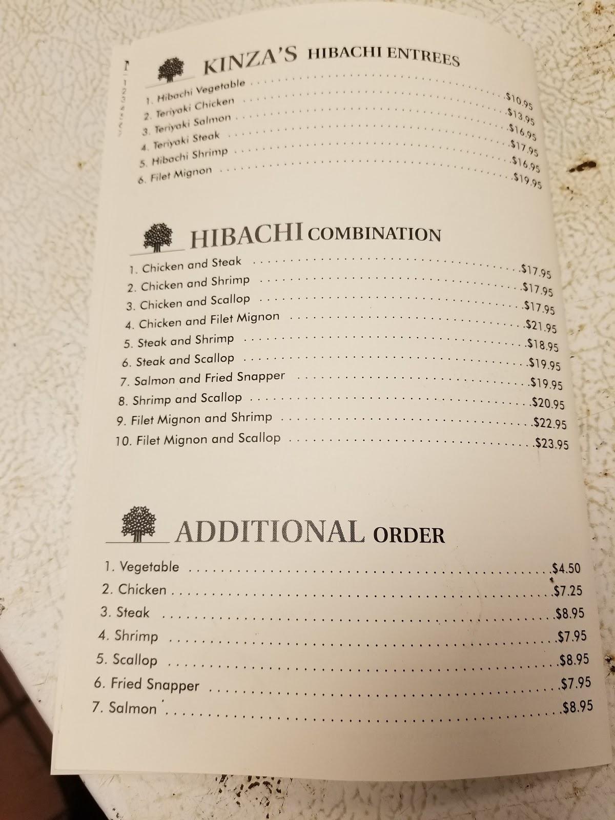 Menu at kinza restaurant, Dothan