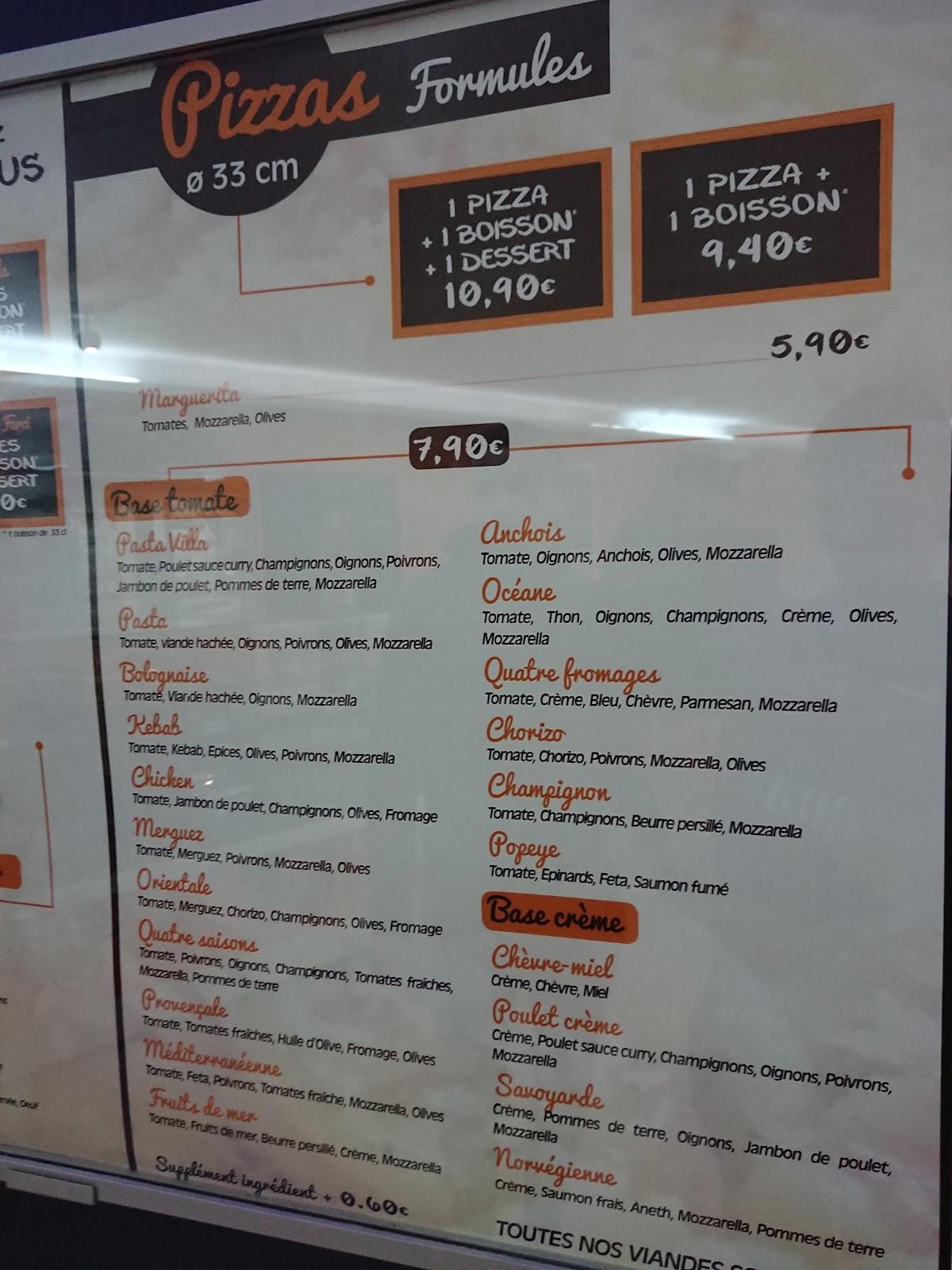 Menu at Pasta Villa restaurant, Roanne