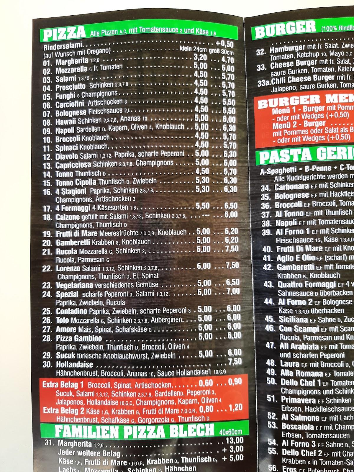 Menu au Pizzeria Gambino, Dortmund