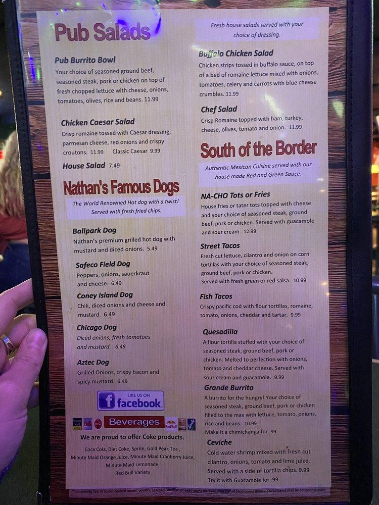 Menu at The Pub, Kennewick