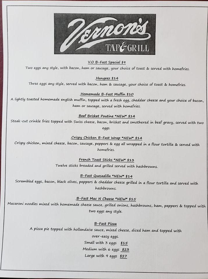 Menu at Vernon's Tap & Grill pub & bar, Kingsville