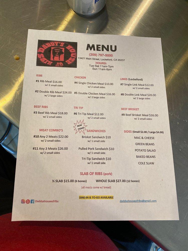 Menu at Daddy's House of Ribs BBQ, Lockeford