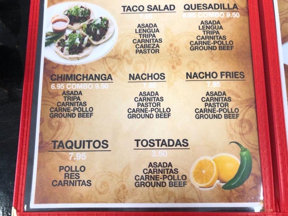 Menu at Johnny's Taco Shop restaurant, Pahrump