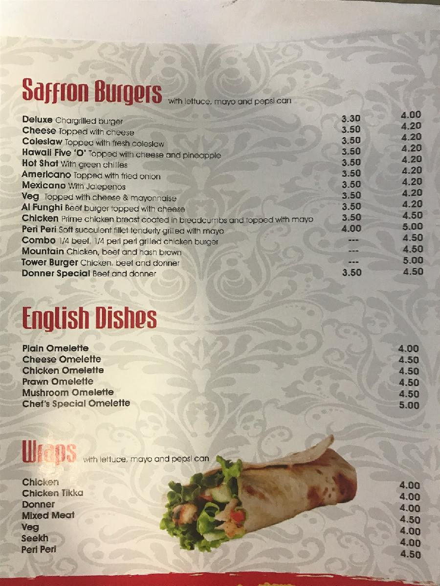 Menu at Saffron fast food, Sowerby Bridge, 21 Oldham Rd